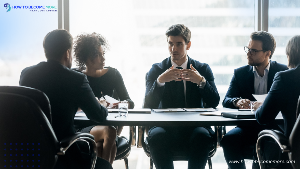 Executives discussing leadership challenges in a confidential meeting