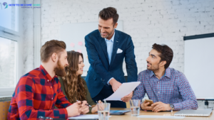 Confident leader inspiring their team in a professional workspace.