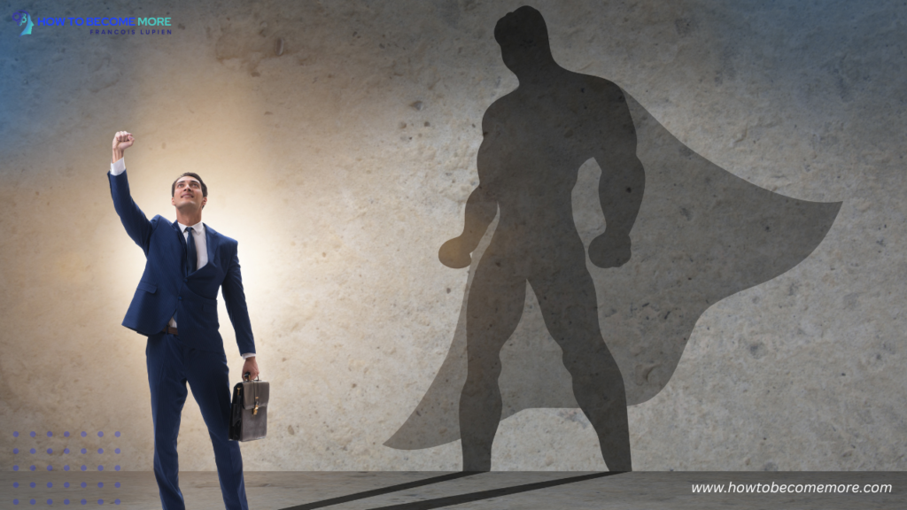 Businessman in a suit raising his arm confidently, with a superhero shadow behind him symbolizing the pressure on leaders to appear strong and invincible