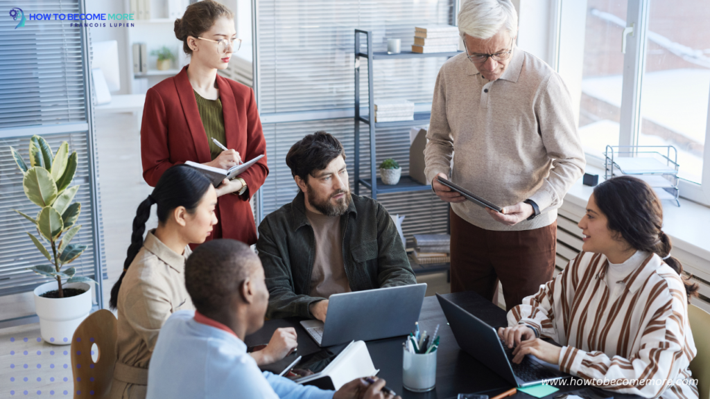 Diverse business team collaborating in a meeting room, demonstrating the power of teamwork and leadership